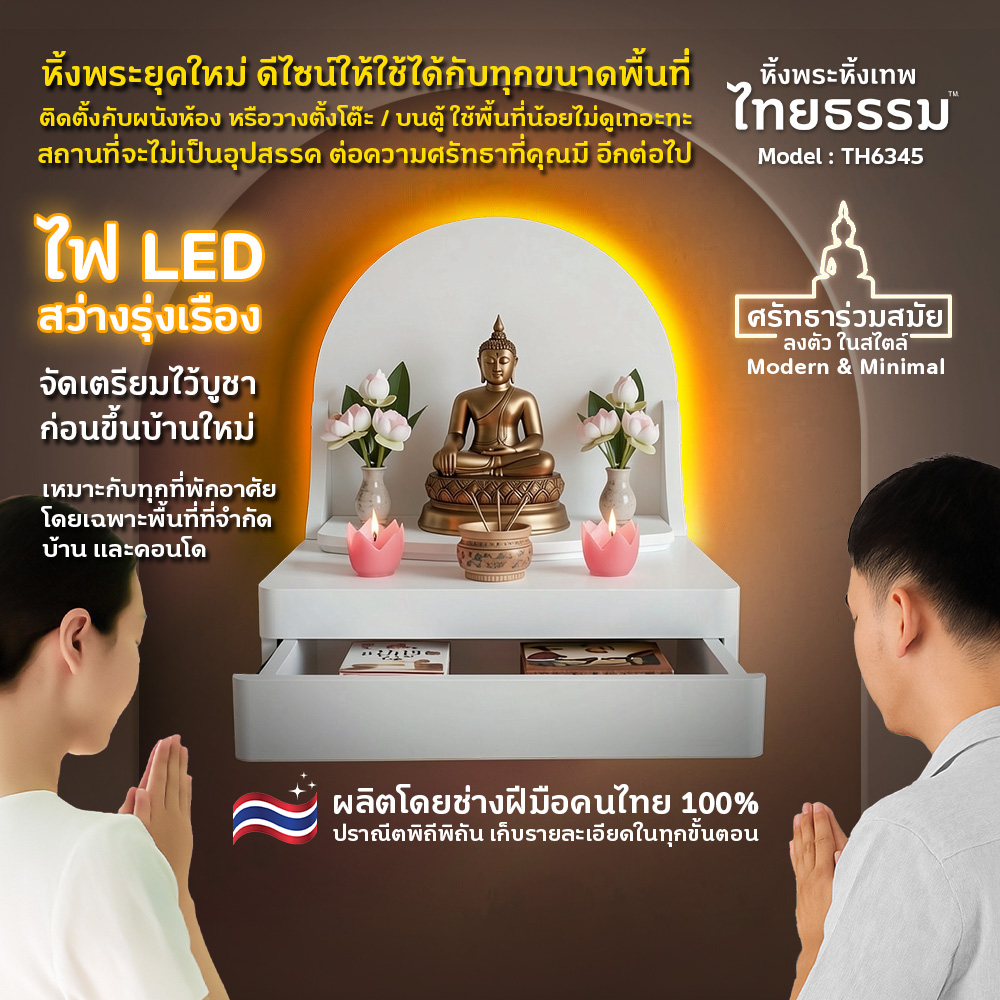 01 COVER หิ้งพระศรัทธา 35 ทรงโดม + ลิ้นชัก + LED สีขาว TH6345